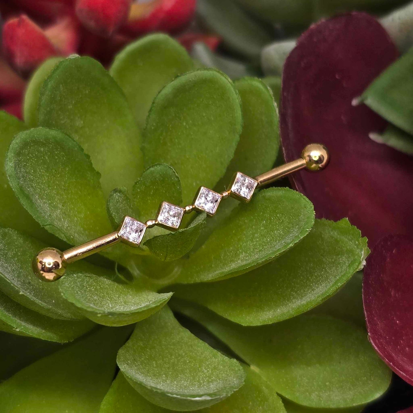 14k Gold Industrial Bar 4 Princess Gems