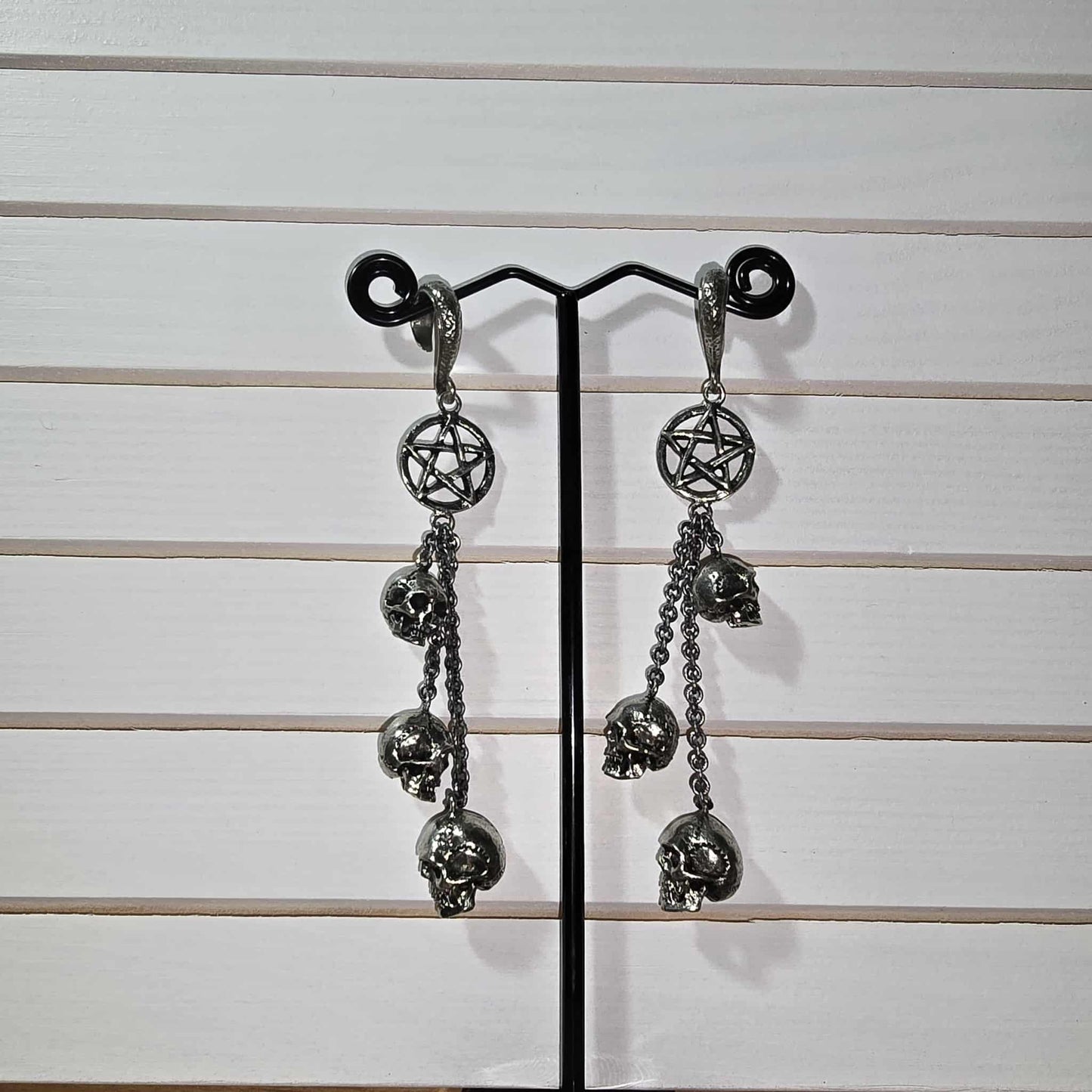 Triple Skull Pentagram Earrings - Brass & Copper Hangers