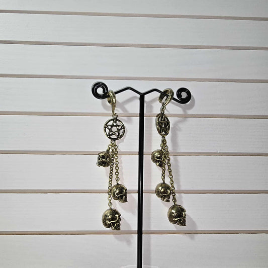 Triple Skull Pentagram Earrings - Brass & Copper Hangers