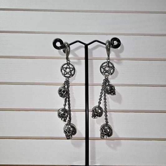 Triple Skull Pentagram Earrings - Brass & Copper Hangers